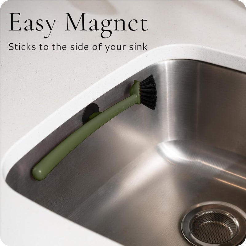 Earth & Mango Magnetic Dish Brush – Dish Scrubber with Built-in Scraper – Snaps to Sink, Dries Fast, Declutters Your Counter (Moss Green) - Image 2